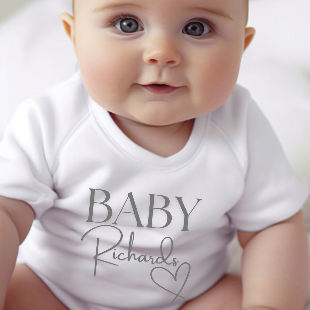 Personalised Surname Heart Baby Outfit: Bib, Vest, Baby Grow