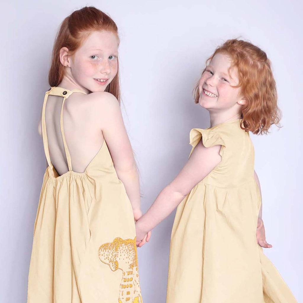 Beige Girls Boho Dress with Golden Castle Embroidery
